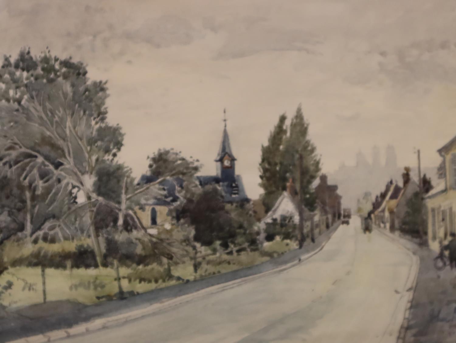 John Doyle (b.1928); watercolour of a village street, 23 x 33 cm. Not available for in-house P&P,