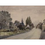 John Doyle (b.1928); watercolour of a village street, 23 x 33 cm. Not available for in-house P&P,