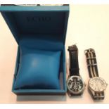 Echo gents boxed wristwatch (no buckle on strap) and a Henley gents ceramic wristwatch on a canvas