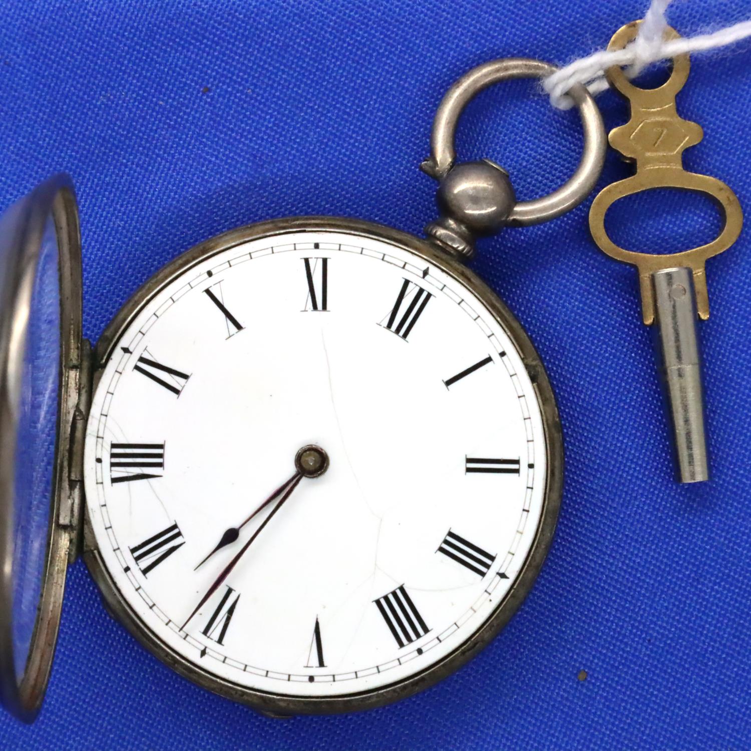 Hallmarked silver antique ladies open face, key wind fob watch, dial D: 35 mm, with key, working