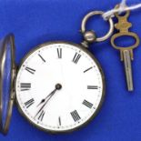 Hallmarked silver antique ladies open face, key wind fob watch, dial D: 35 mm, with key, working