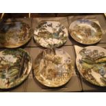 Six wood carved display cabinet plates with bowls and certificates. Not available for in-house P&