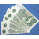 Five 1970 British £1 notes, consecutive numbers, uncirculated, JB Page. P&P Group 1 (£14+VAT for the