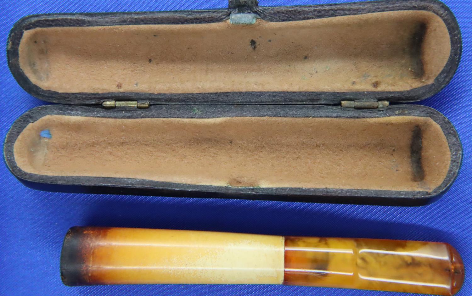 Antique block amber cigarette/cheroot holder in a fitted case, L: 90 mm. P&P Group 1 (£14+VAT for