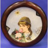 Circular framed Victorian Kate Beal plaque dated 1883, D: 17 cm. Some crazing, otherwise no