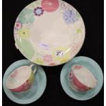 Six Portmeirion Crazy Daisy dinner plates, two cups and two saucers. Chip to reverse of one plate,