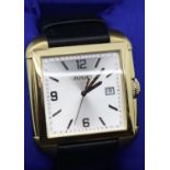Joop; gents new old stock stainless steel square face wristwatch on leather strap, working at