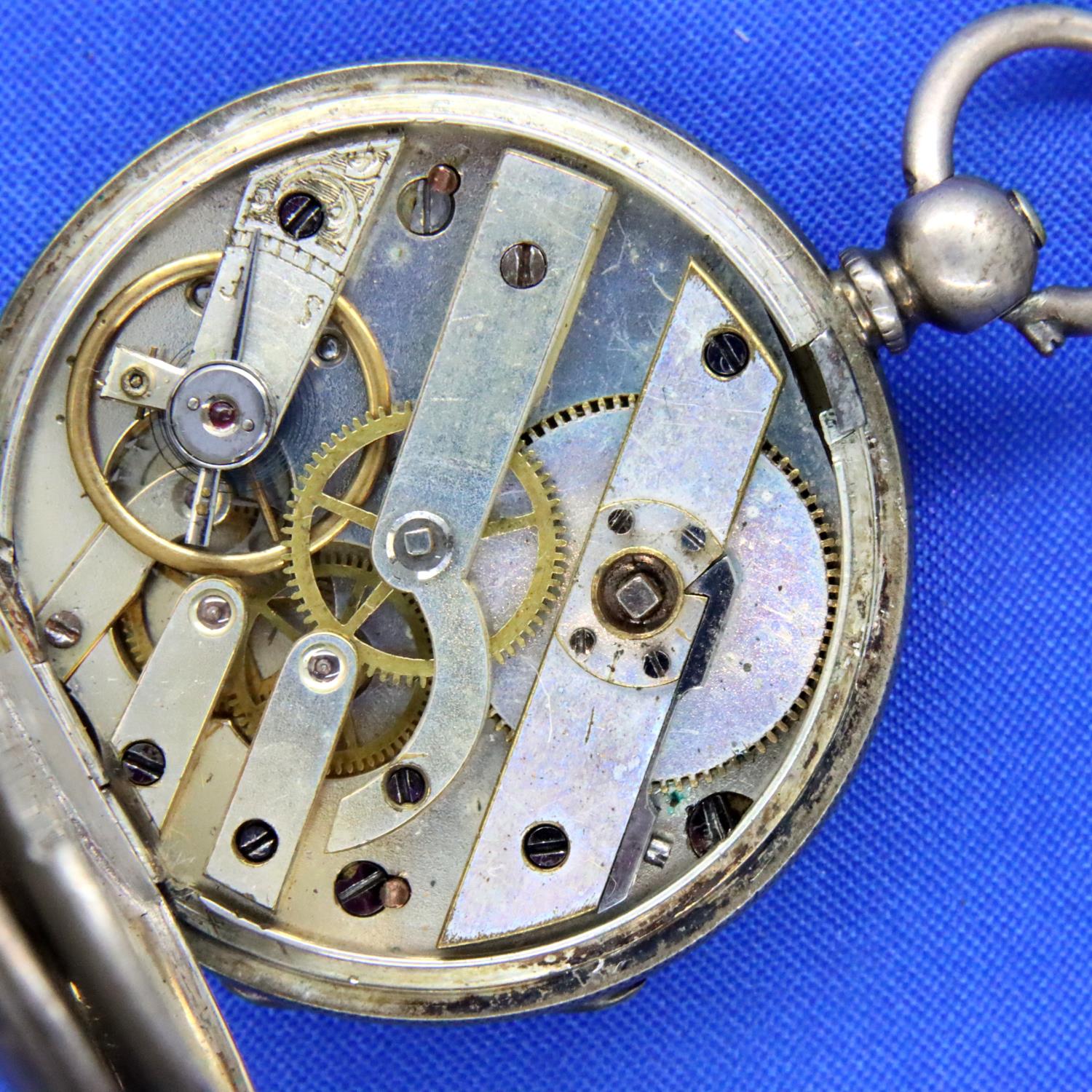 Hallmarked silver antique ladies open face, key wind fob watch, dial D: 35 mm, with key, working - Image 2 of 3