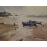 Watercolour boats on a beach signed Smart, 25 x 20 cm H. Not available for in-house P&P, contact