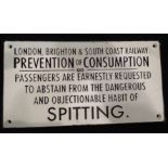 A modern novelty London, Brighton and South Coast railway No Spitting cast iron sign, 30 x 16 cm.