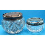 Two hallmarked silver topped glass pots, H: 45 mm. P&P Group 2 (£18+VAT for the first lot and £3+VAT