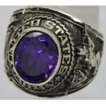 Vietnam war era white metal American Army class ring set with purple stone. P&P Group 1 (£14+VAT for