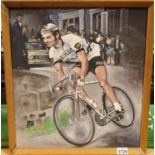 Oil on board of Eddie Merckx in his pre 1976 Peugeot kit, 50 x 46cm, signed Kruse. P&P Group 3 (£