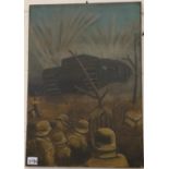 Oil on canvas of a WWI tank scene, 42 x 60 cm. P&P Group 3 (£25+VAT for the first lot and £5+VAT for