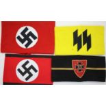 Four good quality embroidered wool replica German WWII armbands, including veterans, SS etc. P&P