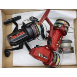 Two Trident and one Daiwa fixed spool fishing reels. P&P Group 2 (£18+VAT for the first lot and £3+