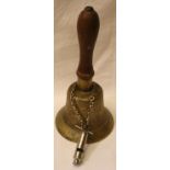 Air Raid Precautions: An ARP brass bell with wooden grip, marked Fiddian, and an ARP whistle