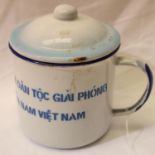 Vietnam War period enamelled tin rice cup and cover. P&P Group 2 (£18+VAT for the first lot and £3+