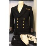 Merchant Navy Masters tunic with embroidered cuff ranks, WWII ribbons and trousers. P&P Group 3 (£