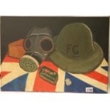 Oil on canvas WWII home front still life, 42 x 60 cm. Not available for in-house P&P, contact Paul
