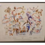 Large framed and glazed picture of former Olympic athletes, signed by Daley Thompson, Sally