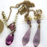 Edwardian amethyst pendant on a fine pearl set chain with similar amethyst drop earrings. P&P