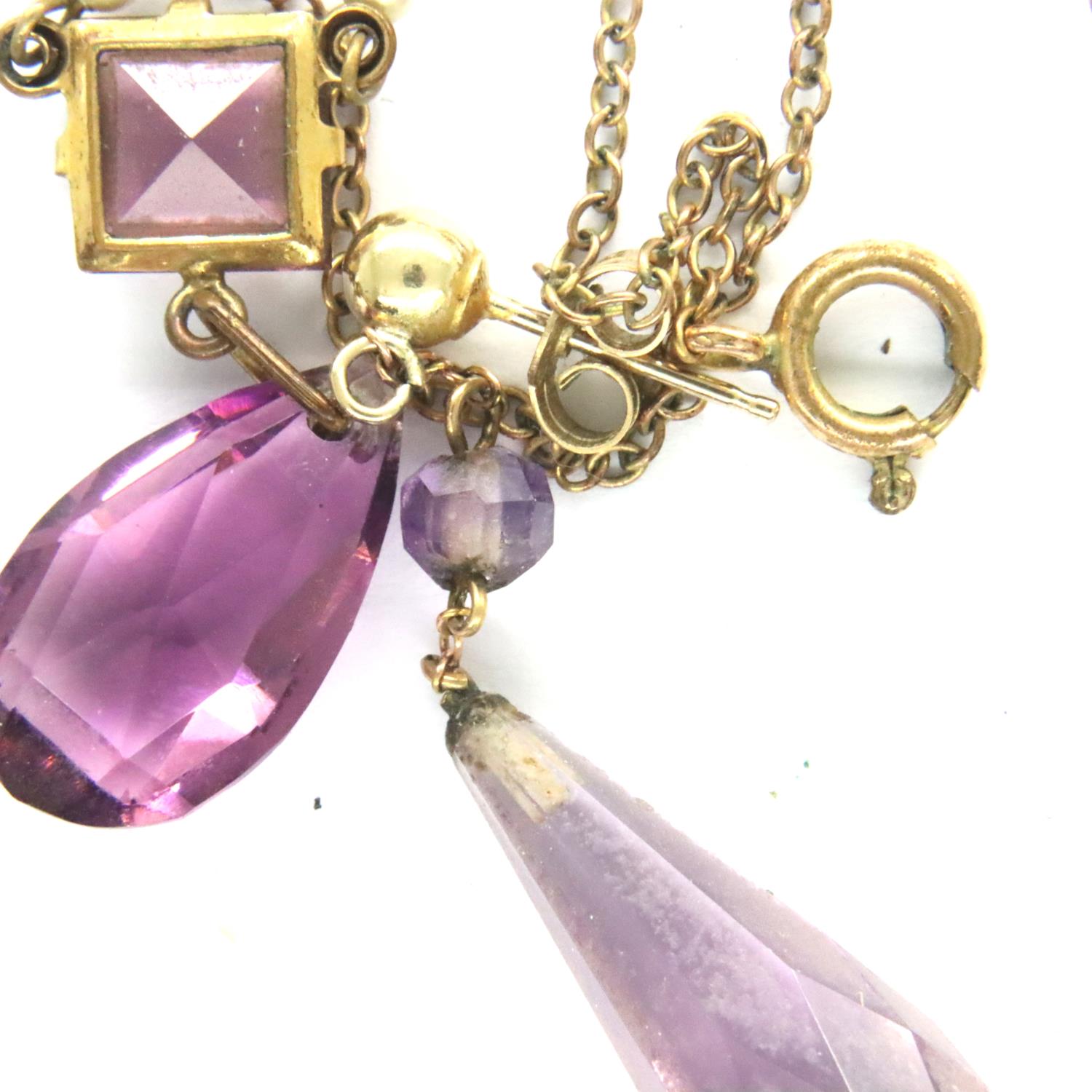 Edwardian amethyst pendant on a fine pearl set chain with similar amethyst drop earrings. P&P - Image 2 of 2