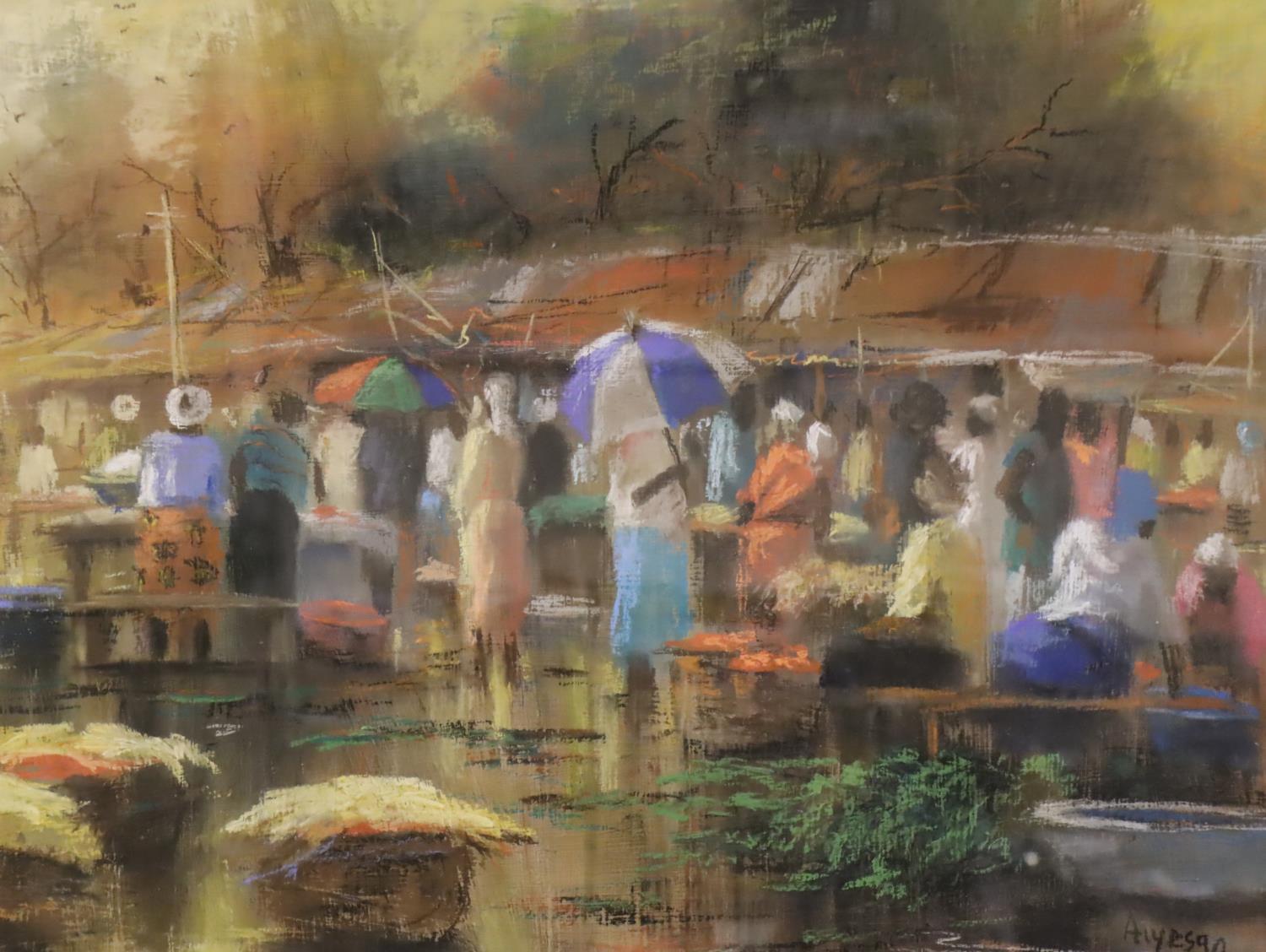 Segun Aiyesan (Nigerian b. 1971); African fruit market scene in pastel, framed and glazed. 92 x 71