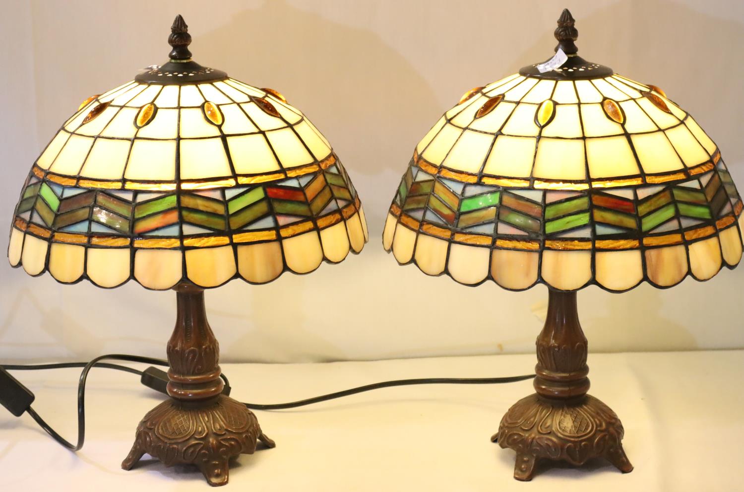 Pair of Tiffany style table lamps, H: 36 cm. Not available for in-house P&P, contact Paul O'Hea at