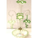 Large Victorian three trumpet two basket milk and green glass epergne, H: 55 cm. Not available for