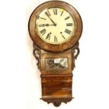 An Edwardian Inlaid chiming drop dial wall clock with key and pendulum, H: 82 cm. Working at