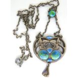 Charles Horner enamelled pendant and chain, Chester assay, L: 40 cm, loss of enamel to lower