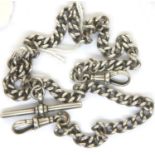 Hallmarked silver double Albert watch chain with two lobster claws and T bar. P&P Group 1 (£14+VAT