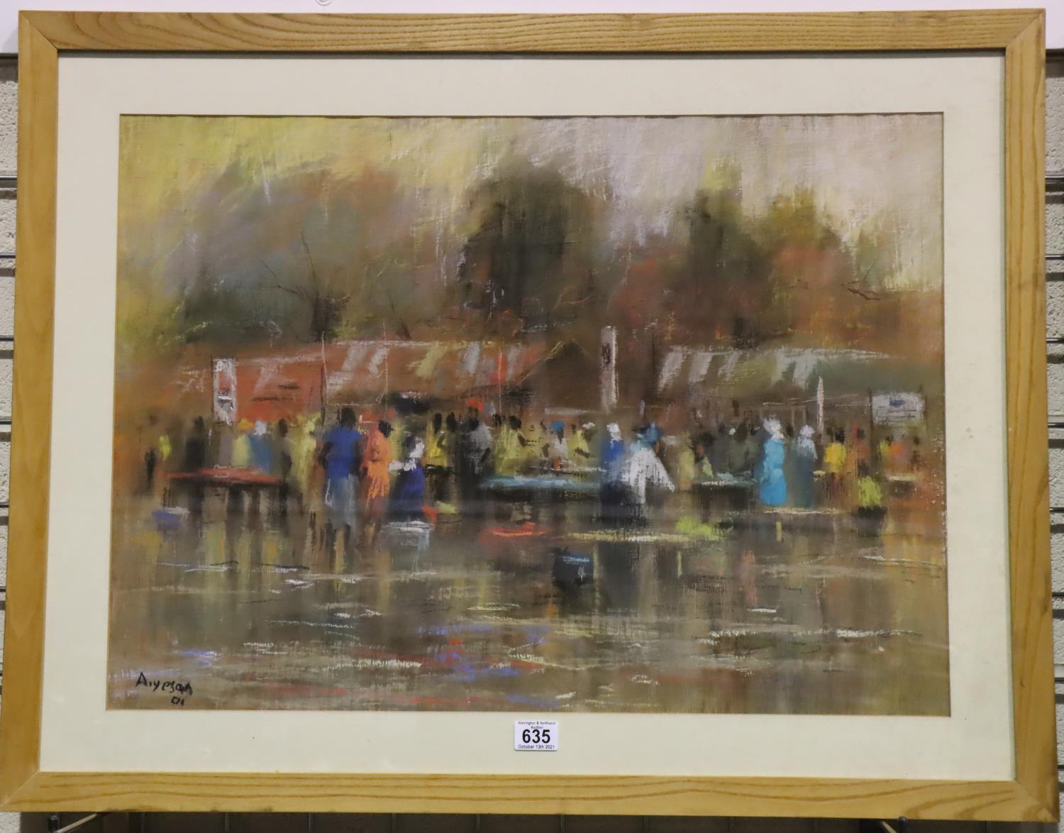 Segun Aiyesan (Nigerian b. 1971); African market scene in pastel, framed and glazed. 92 x 71 cm. Not - Image 2 of 3