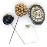 Damaged hallmarked silver trinket box and two Edwardian hat pins. P&P Group 1 (£14+VAT for the first