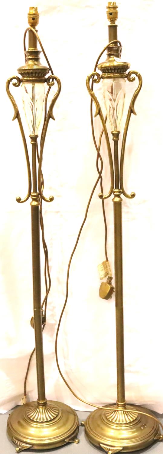 Pair of brass and glass standard lamps. Not available for in-house P&P, contact Paul O'Hea at