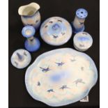 Palissy Bluebird decorated dressing table set (7). Not available for in-house P&P, contact Paul O'