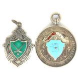 Two hallmarked silver and enamel fobs, combined 26g. P&P Group 1 (£14+VAT for the first lot and £1+