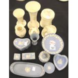 Nine pieces of Wedgwood blue jasperware including trinket boxes and six pieces of Aldridge