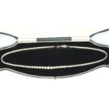 Cased set of pearls with a 9ct white gold clasp, L: 45 cm, largest pearl D: 7 mm. P&P Group 1 (£14+