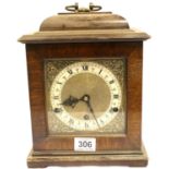Walnut cased brass and silver faced Westminster chime mantel clock, H: 28 cm, not working at