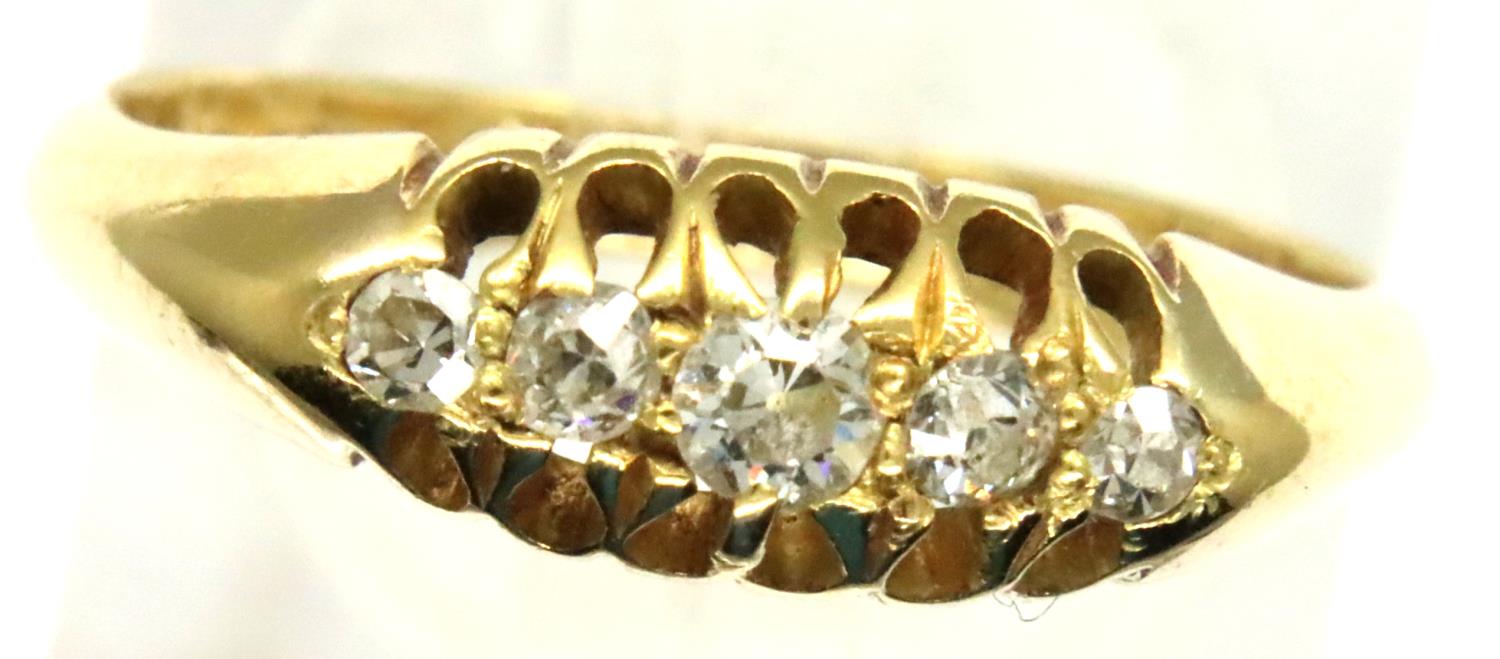 Victorian 18ct gold dress ring set with five graduated diamonds, size L/M, 2.8g, Birmingham assay