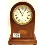 Edwardian inlaid mahogany dome top table clock with French movement, no key, H: 23 cm. Not working