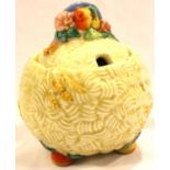Clarice Cliff preserve pot, in the Fruit pattern, H: 12 cm. P&P Group 2 (£18+VAT for the first lot