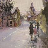 Unknown 20th century oil on card, figures walking through village, indistinctly signed lower