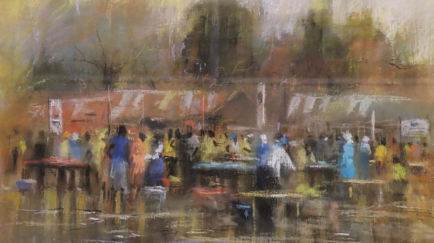 Segun Aiyesan (Nigerian b. 1971); African market scene in pastel, framed and glazed. 92 x 71 cm. Not