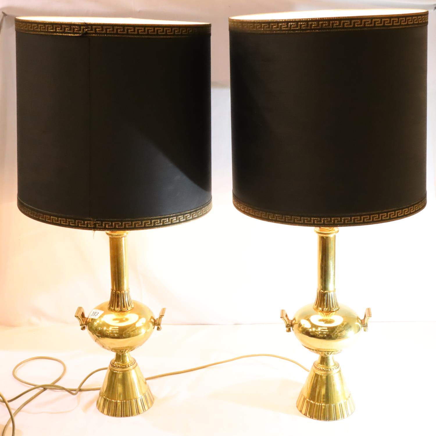 Large pair of Oriental inspired brass table lamp with oversized shades, overall H: 90 cm. Not