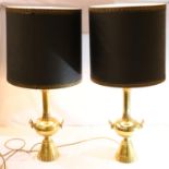 Large pair of Oriental inspired brass table lamp with oversized shades, overall H: 90 cm. Not
