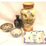 Collection of mixed Oriental ware including cloisonne vase and a Satsuma example. Not available