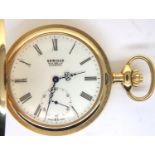 Full hunter Sewells; gold plated Liverpool crown wind pocket watch, worn. P&P Group 1 (£14+VAT for